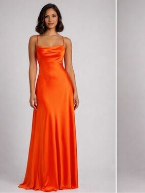 FAME and PARTNERS NWT Elegant Coral Orange Satin Maxi Prom Dress with Side Slit